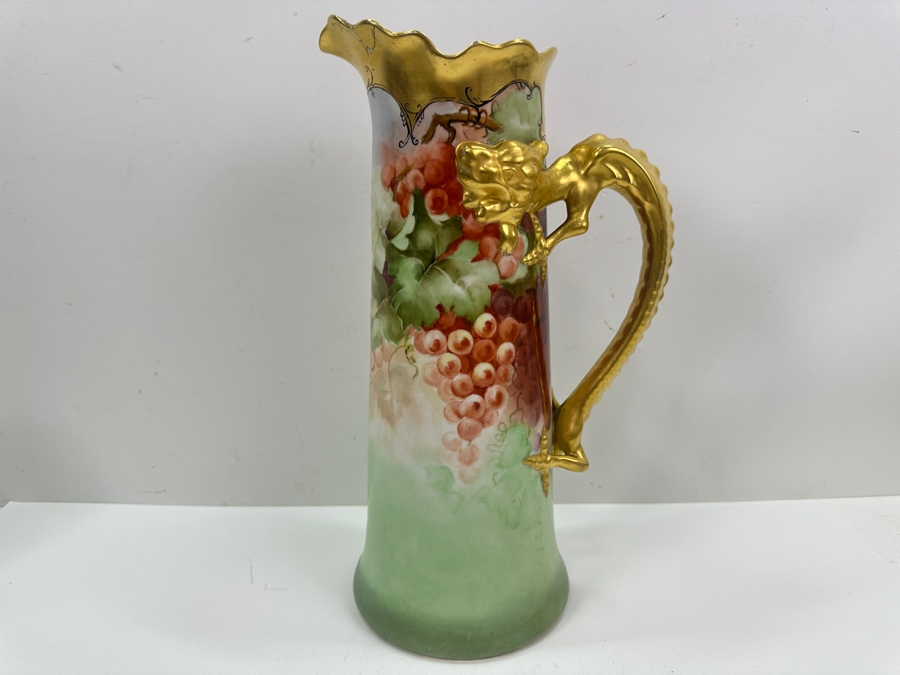 Antique French Jean Pouyat Ruffled Water Pitcher With Dragon Handle 14.5' H See Photos For Repair In Rim Goes with Mugs Item #67632 [Photo 2]
