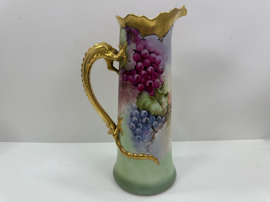 Antique French Jean Pouyat Ruffled Water Pitcher With Dragon Handle 14.5' H See Photos For Repair In Rim Goes with Mugs Item #67632 [Photo 9]
