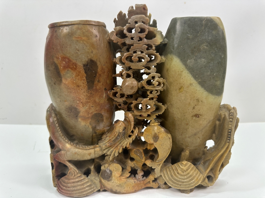 Vintage Chinese Carved Soapstone Double Vase With Dragon Design 9W X 8H [Photo 2]