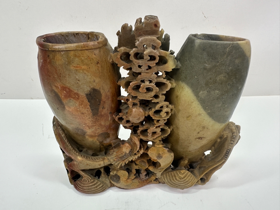 Vintage Chinese Carved Soapstone Double Vase With Dragon Design 9W X 8H [Photo 4]