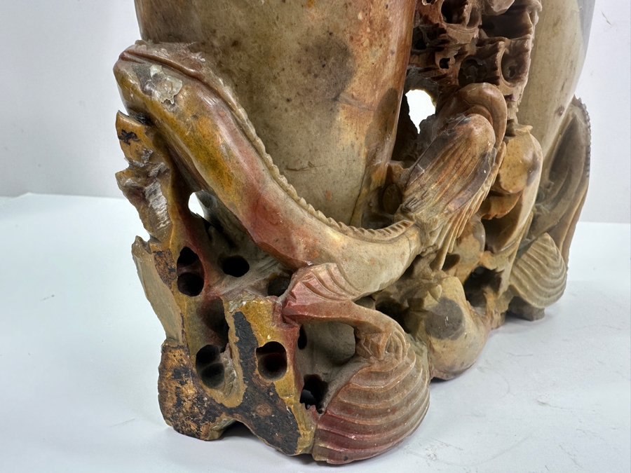 Vintage Chinese Carved Soapstone Double Vase With Dragon Design 9W X 8H [Photo 7]