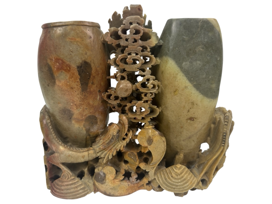 Vintage Chinese Carved Soapstone Double Vase With Dragon Design 9W X 8H