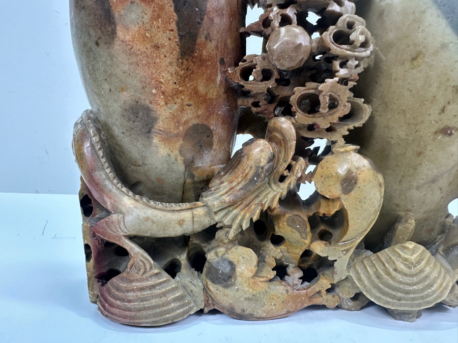 Vintage Chinese Carved Soapstone Double Vase With Dragon Design 9W X 8H [Photo 3]