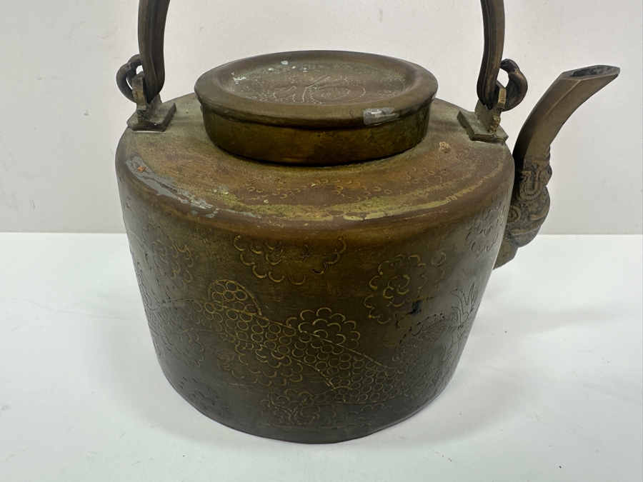 Vintage Chinese Brass Teapot With Dragon Design 6' x 6' [Photo 4]