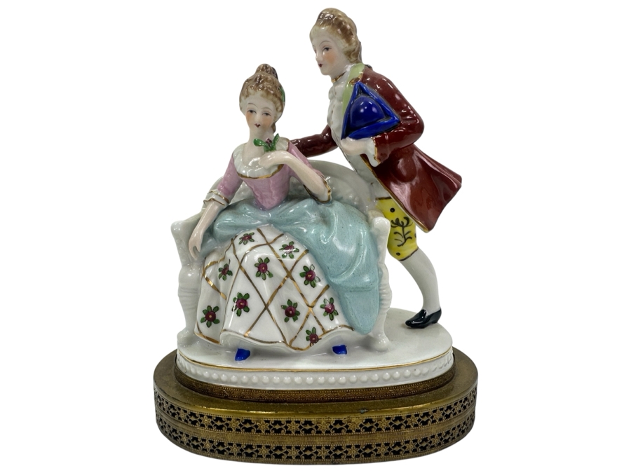 Vintage Hand Painted Porcelian Figurine On Brass Base 6W X 6.5H