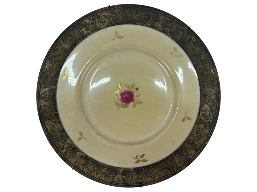 Fisher Sterling Silver Rimmed California Indians Trophy Plate With 10.5' Lenox Rhodora Plate P 471 - Plate Weighs Approximately 510g (Total Weight 785g) - Apx Sterling Silver Weight Is 275g - Apx Silver Melt Value = $270 [Photo 1]