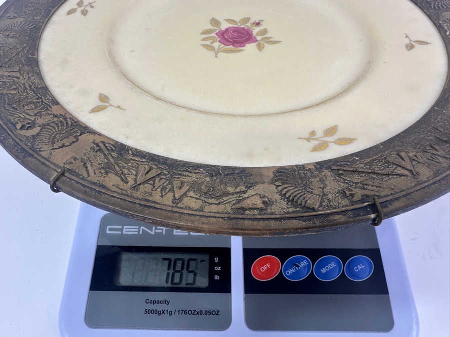 Fisher Sterling Silver Rimmed California Indians Trophy Plate With 10.5' Lenox Rhodora Plate P 471 - Plate Weighs Approximately 510g (Total Weight 785g) - Apx Sterling Silver Weight Is 275g - Apx Silver Melt Value = $270 [Photo 9]