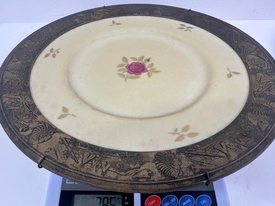 Fisher Sterling Silver Rimmed California Indians Trophy Plate With 10.5' Lenox Rhodora Plate P 471 - Plate Weighs Approximately 510g (Total Weight 785g) - Apx Sterling Silver Weight Is 275g - Apx Silver Melt Value = $270 [Photo 8]