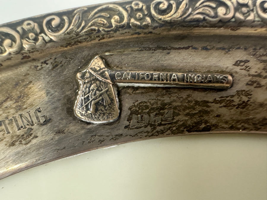Fisher Sterling Silver Rimmed California Indians Trophy Plate Engraved 'Skeet Shooting 1964' W/ 10.5' Native American Harry Held Lenox Plate - Plate Weighs Apx 510g (Total Weight 703g) - Apx Sterling Silver Weight Is 193g - Apx Silver Melt Value = $190 [Photo 3]