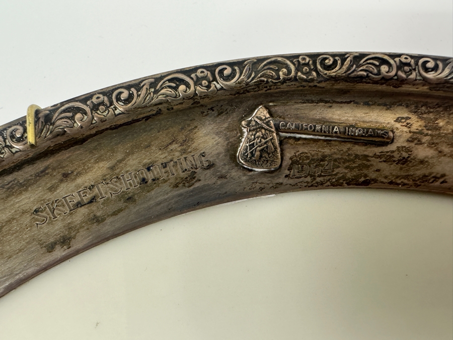 Fisher Sterling Silver Rimmed California Indians Trophy Plate Engraved 'Skeet Shooting 1964' W/ 10.5' Native American Harry Held Lenox Plate - Plate Weighs Apx 510g (Total Weight 703g) - Apx Sterling Silver Weight Is 193g - Apx Silver Melt Value = $190 [Photo 2]