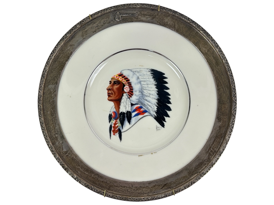 Fisher Sterling Silver Rimmed California Indians Trophy Plate Engraved 'Skeet Shooting 1964' W/ 10.5' Native American Harry Held Lenox Plate - Plate Weighs Apx 510g (Total Weight 703g) - Apx Sterling Silver Weight Is 193g - Apx Silver Melt Value = $190 [Photo 1]