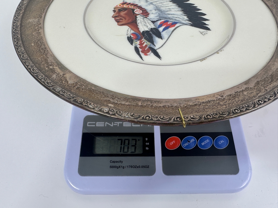 Fisher Sterling Silver Rimmed California Indians Trophy Plate Engraved 'Skeet Shooting 1964' W/ 10.5' Native American Harry Held Lenox Plate - Plate Weighs Apx 510g (Total Weight 703g) - Apx Sterling Silver Weight Is 193g - Apx Silver Melt Value = $190 [Photo 12]