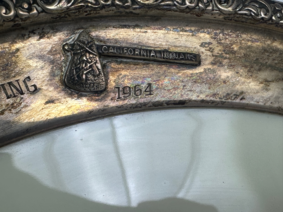 Fisher Sterling Silver Rimmed California Indians Trophy Plate Engraved 'Skeet Shooting 1964' W/ 10.5' Native American Harry Held Lenox Plate - Plate Weighs Apx 510g (Total Weight 703g) - Apx Sterling Silver Weight Is 193g - Apx Silver Melt Value = $190 [Photo 6]