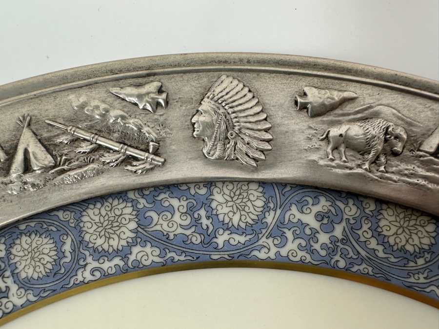 Fisher Sterling Silver Rimmed California Indians Trophy Plate With 10.5' Ming By Lenox Plate - Plate Weighs Approximately 510g (Total Weight 729g) - Apx Sterling Silver Weight Is 219g - Apx Silver Melt Value = $215 [Photo 2]