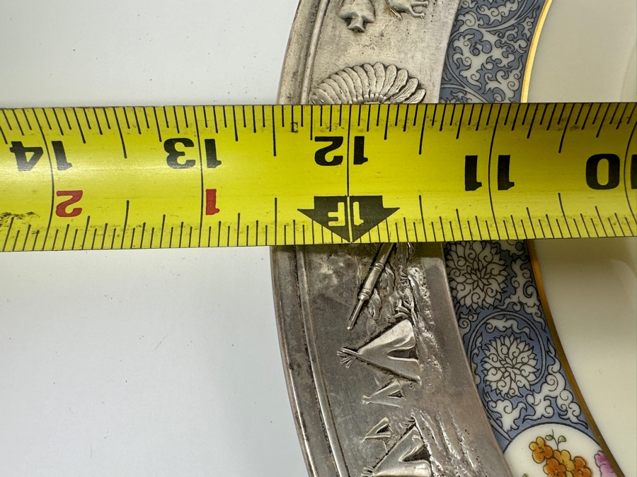 Fisher Sterling Silver Rimmed California Indians Trophy Plate With 10.5' Ming By Lenox Plate - Plate Weighs Approximately 510g (Total Weight 729g) - Apx Sterling Silver Weight Is 219g - Apx Silver Melt Value = $215 [Photo 9]
