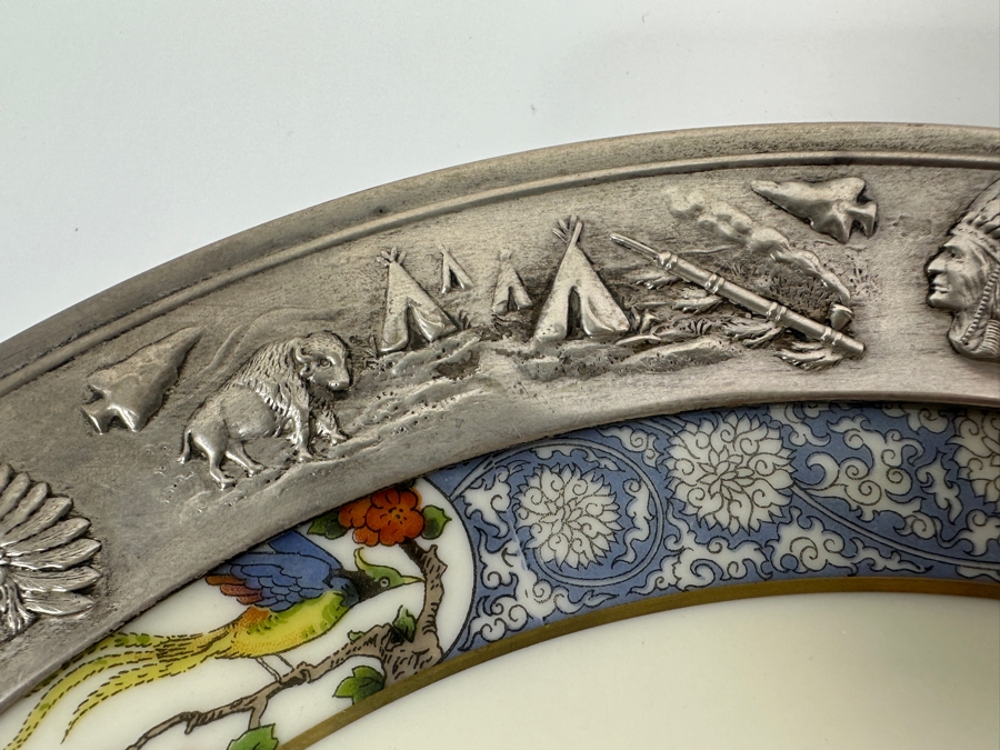Fisher Sterling Silver Rimmed California Indians Trophy Plate With 10.5' Ming By Lenox Plate - Plate Weighs Approximately 510g (Total Weight 729g) - Apx Sterling Silver Weight Is 219g - Apx Silver Melt Value = $215 [Photo 3]