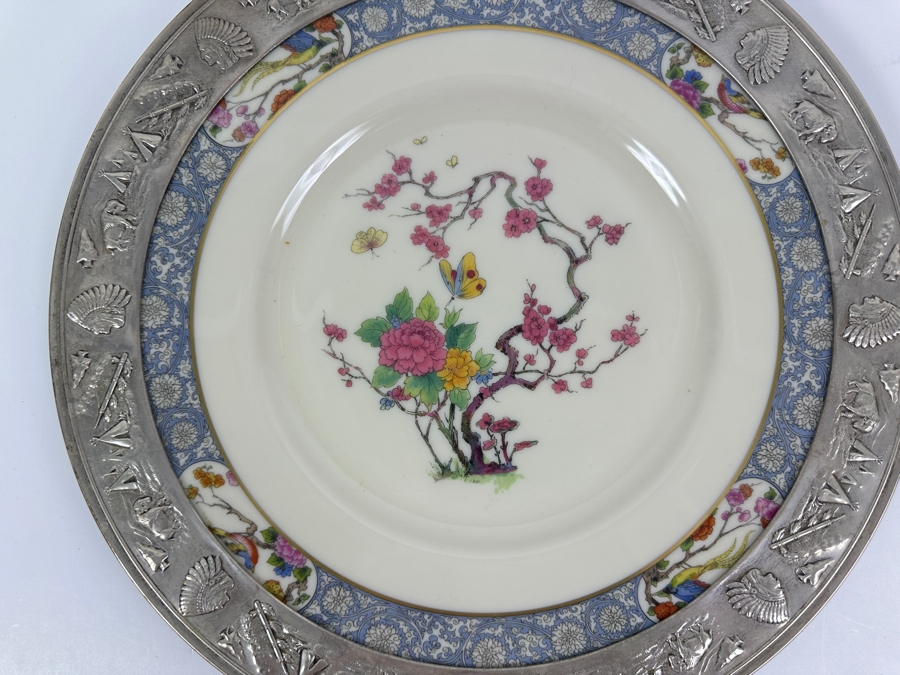 Fisher Sterling Silver Rimmed California Indians Trophy Plate With 10.5' Ming By Lenox Plate - Plate Weighs Approximately 510g (Total Weight 729g) - Apx Sterling Silver Weight Is 219g - Apx Silver Melt Value = $215 [Photo 5]