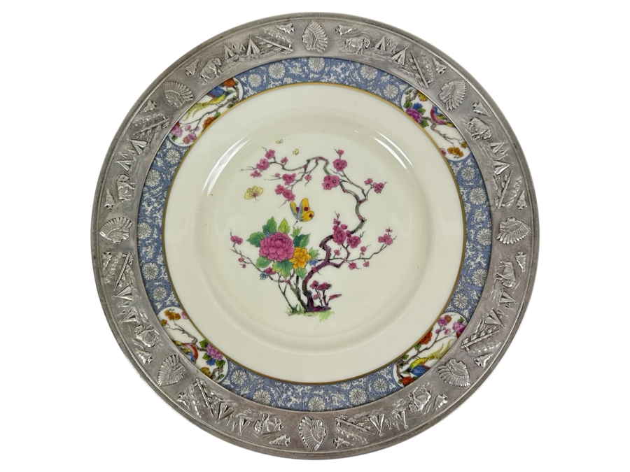 Fisher Sterling Silver Rimmed California Indians Trophy Plate With 10.5' Ming By Lenox Plate - Plate Weighs Approximately 510g (Total Weight 729g) - Apx Sterling Silver Weight Is 219g - Apx Silver Melt Value = $215 [Photo 1]