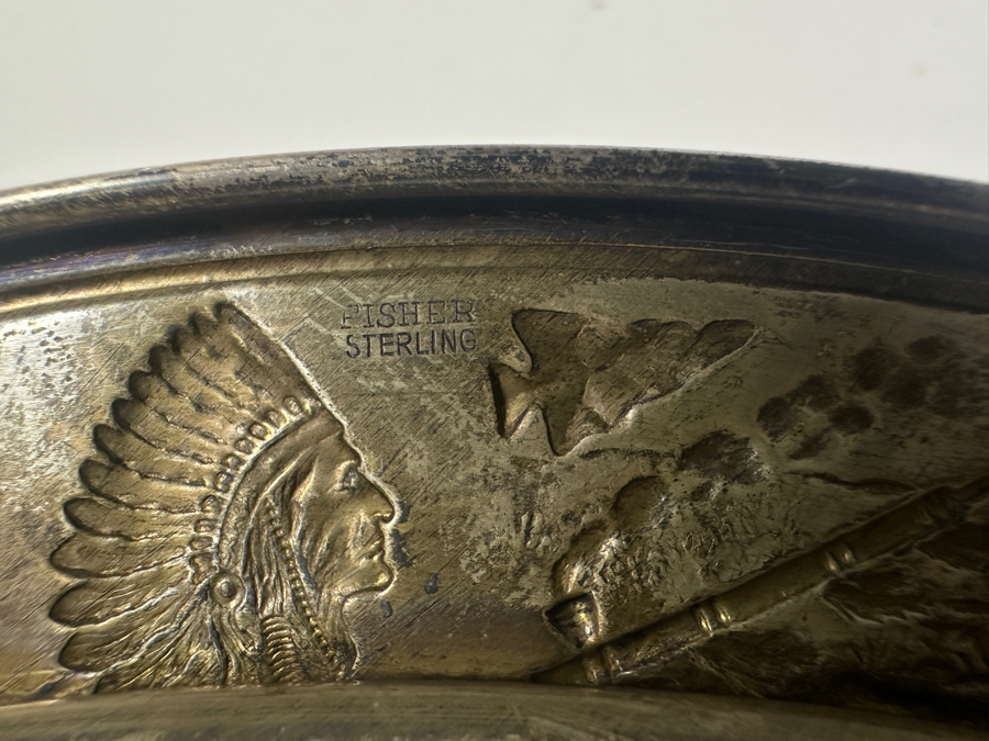 Fisher Sterling Silver Rimmed California Indians Trophy Plate With 10.5' Ming By Lenox Plate - Plate Weighs Approximately 510g (Total Weight 729g) - Apx Sterling Silver Weight Is 219g - Apx Silver Melt Value = $215 [Photo 8]
