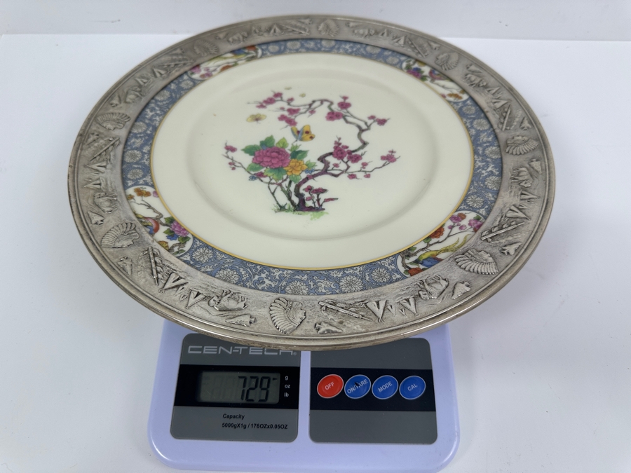 Fisher Sterling Silver Rimmed California Indians Trophy Plate With 10.5' Ming By Lenox Plate - Plate Weighs Approximately 510g (Total Weight 729g) - Apx Sterling Silver Weight Is 219g - Apx Silver Melt Value = $215 [Photo 10]