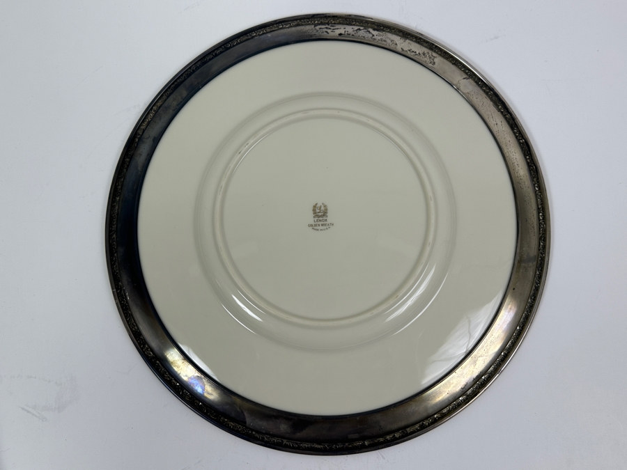 Fisher Sterling Silver Rimmed California Indians Trophy Plate Engraved 'Skeet' With 10.5' Golden Wreath By Lenox Plate - Plate Weighs Approximately 510g (Total Weight 712g) - Apx Sterling Silver Weight Is 219g - Apx Silver Melt Value = $198 [Photo 3]
