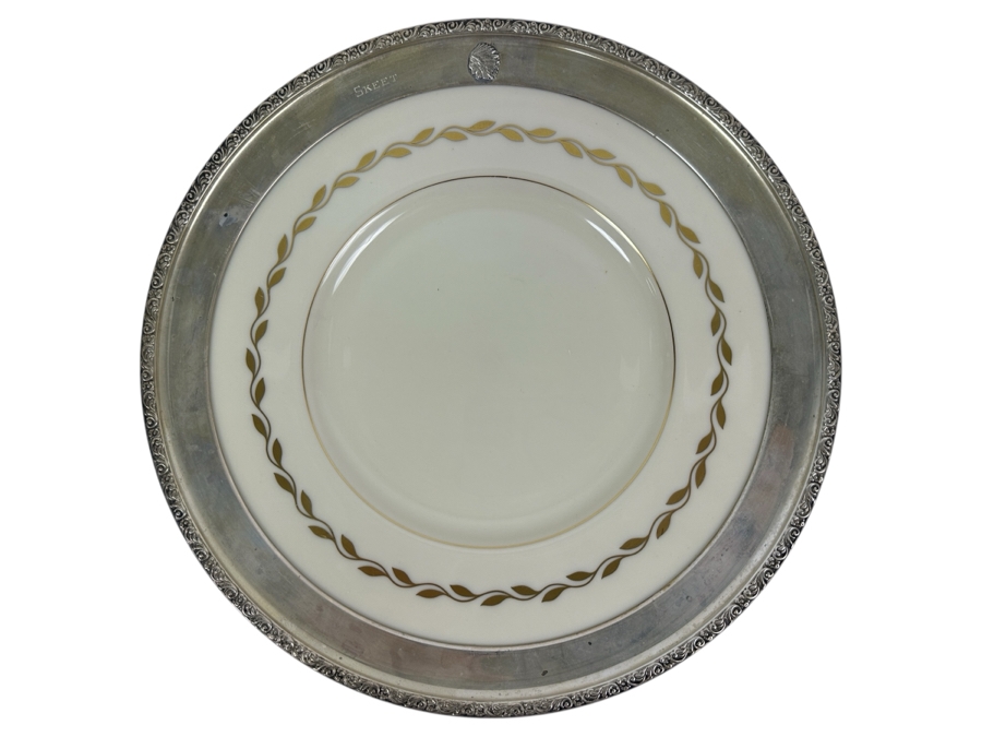 Fisher Sterling Silver Rimmed California Indians Trophy Plate Engraved 'Skeet' With 10.5' Golden Wreath By Lenox Plate - Plate Weighs Approximately 510g (Total Weight 712g) - Apx Sterling Silver Weight Is 219g - Apx Silver Melt Value = $198 [Photo 1]