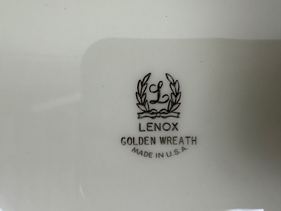 Fisher Sterling Silver Rimmed California Indians Trophy Plate Engraved 'Skeet' With 10.5' Golden Wreath By Lenox Plate - Plate Weighs Approximately 510g (Total Weight 712g) - Apx Sterling Silver Weight Is 219g - Apx Silver Melt Value = $198 [Photo 4]