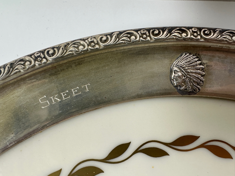 Fisher Sterling Silver Rimmed California Indians Trophy Plate Engraved 'Skeet' With 10.5' Golden Wreath By Lenox Plate - Plate Weighs Approximately 510g (Total Weight 712g) - Apx Sterling Silver Weight Is 219g - Apx Silver Melt Value = $198 [Photo 2]