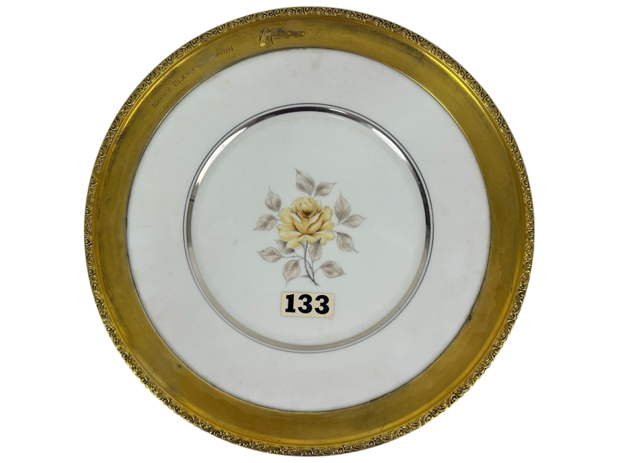 Fisher Sterling Silver Rimmed California Indians Trophy Plate Engraved 'Skeet Class Champion' With 10.5' Sharon By Lenox Plate - Plate Weighs Approximately 510g (Total Weight 706g) - Apx Sterling Silver Weight Is 219g - Apx Silver Melt Value = $192 [Photo 1]