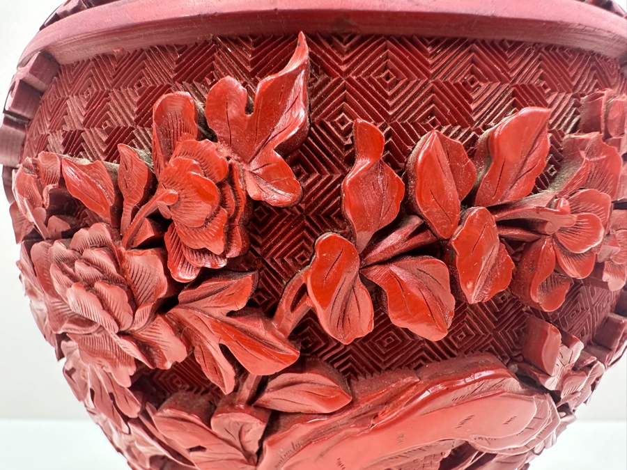 Vintage Chinese Hand Carved Cinnabar Lidded Jar With Wooden Stand 6.5'H [Photo 9]