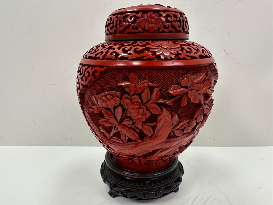 Vintage Chinese Hand Carved Cinnabar Lidded Jar With Wooden Stand 6.5'H [Photo 2]