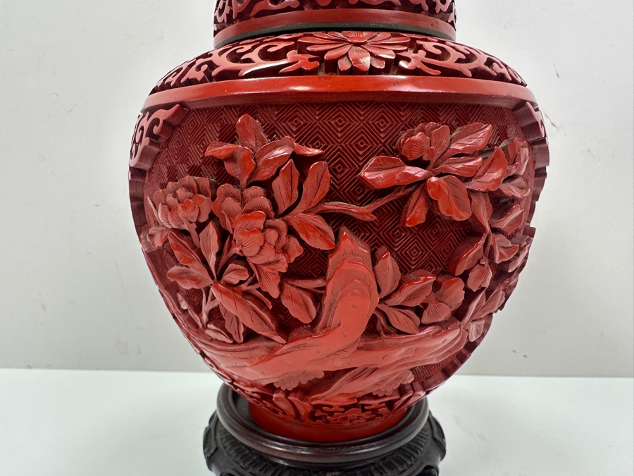 Vintage Chinese Hand Carved Cinnabar Lidded Jar With Wooden Stand 6.5'H [Photo 6]