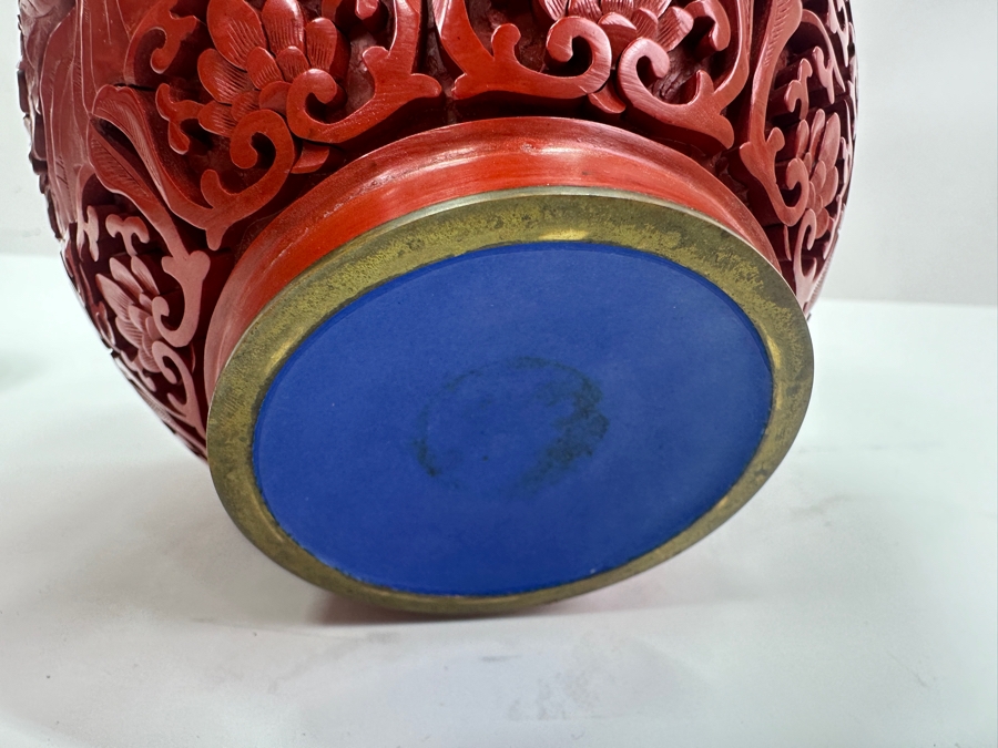 Vintage Chinese Hand Carved Cinnabar Lidded Jar With Wooden Stand 6.5'H [Photo 14]