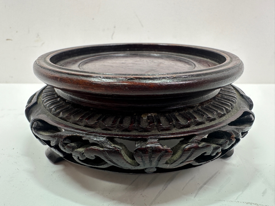 Vintage Chinese Hand Carved Cinnabar Lidded Jar With Wooden Stand 6.5'H [Photo 15]