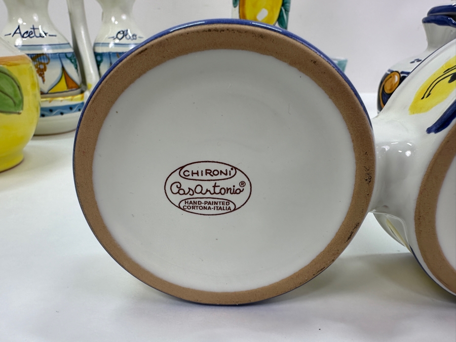 Hand Painted Italian Ceramic Lot With Bottles, Cups & Pair Of Oil & Vinegar Dispensers [Photo 10]