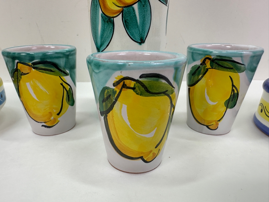 Hand Painted Italian Ceramic Lot With Bottles, Cups & Pair Of Oil & Vinegar Dispensers [Photo 2]