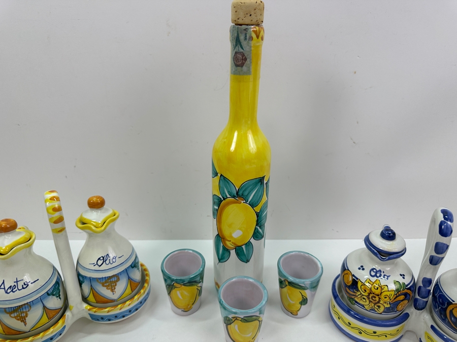 Hand Painted Italian Ceramic Lot With Bottles, Cups & Pair Of Oil & Vinegar Dispensers [Photo 3]