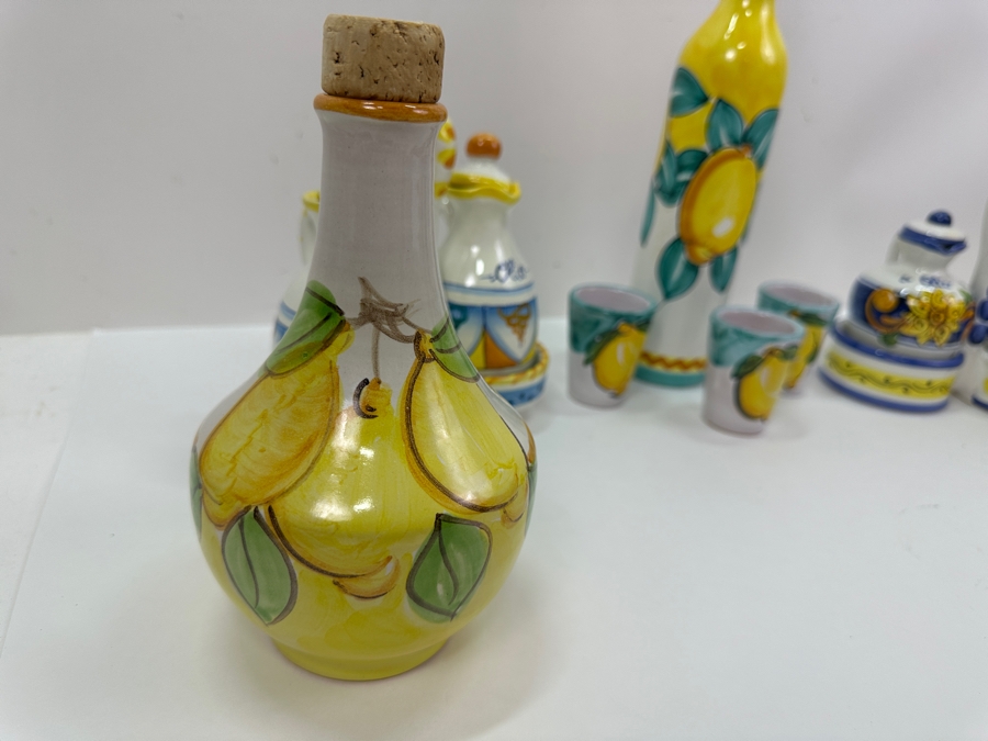 Hand Painted Italian Ceramic Lot With Bottles, Cups & Pair Of Oil & Vinegar Dispensers [Photo 5]