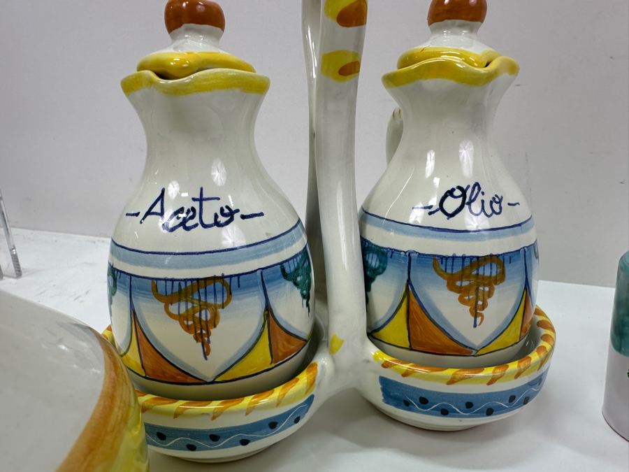Hand Painted Italian Ceramic Lot With Bottles, Cups & Pair Of Oil & Vinegar Dispensers [Photo 7]