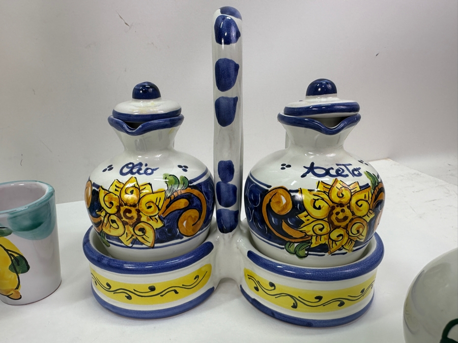 Hand Painted Italian Ceramic Lot With Bottles, Cups & Pair Of Oil & Vinegar Dispensers [Photo 6]