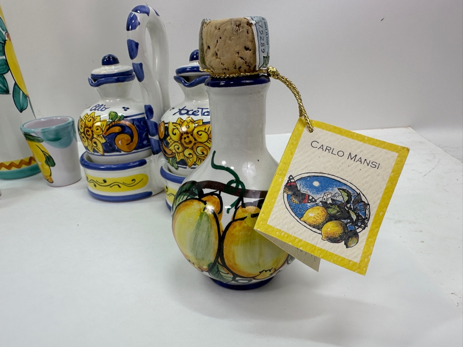 Hand Painted Italian Ceramic Lot With Bottles, Cups & Pair Of Oil & Vinegar Dispensers [Photo 4]