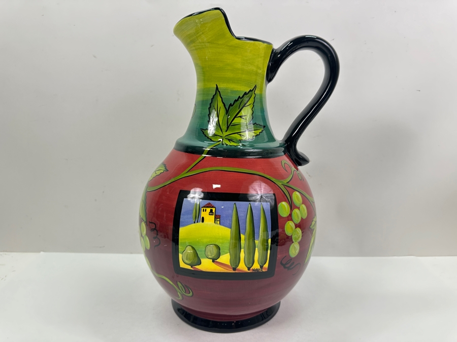 Large Hand Painted Naylor Art Pitcher 'Tuscan Grapes' Made In White Salmon, WA 15.5' H [Photo 2]