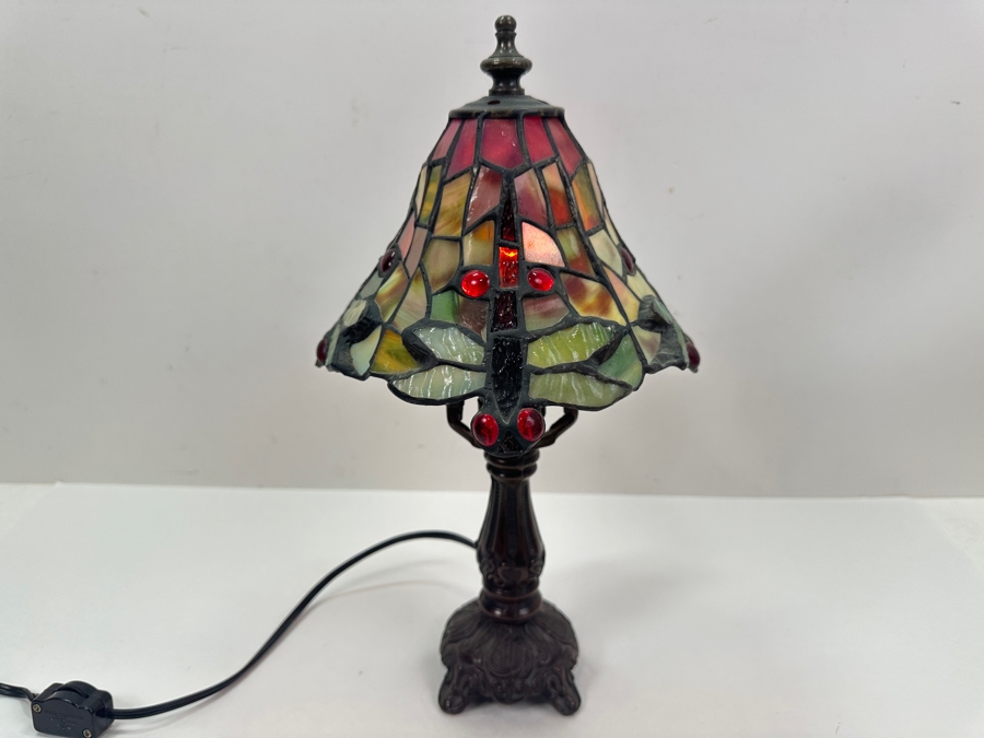 Tiffany Style Stained Glass Lamp With Dragonfly Design 13.5' H [Photo 2]