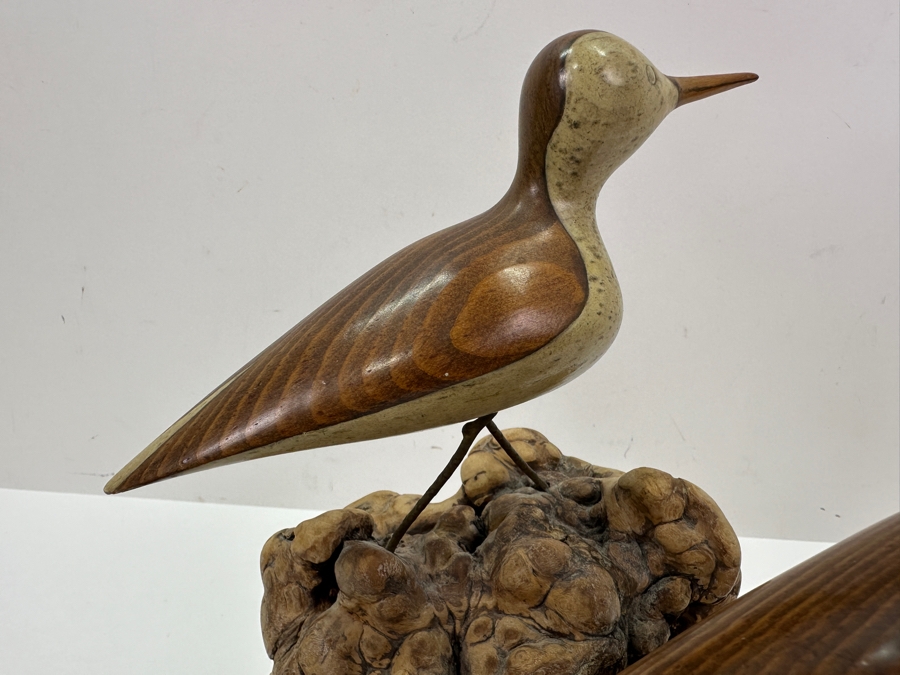 Wooden Pair Of Shore Birds Sculpture With Burlwood Base 9W X 8.5H [Photo 3]