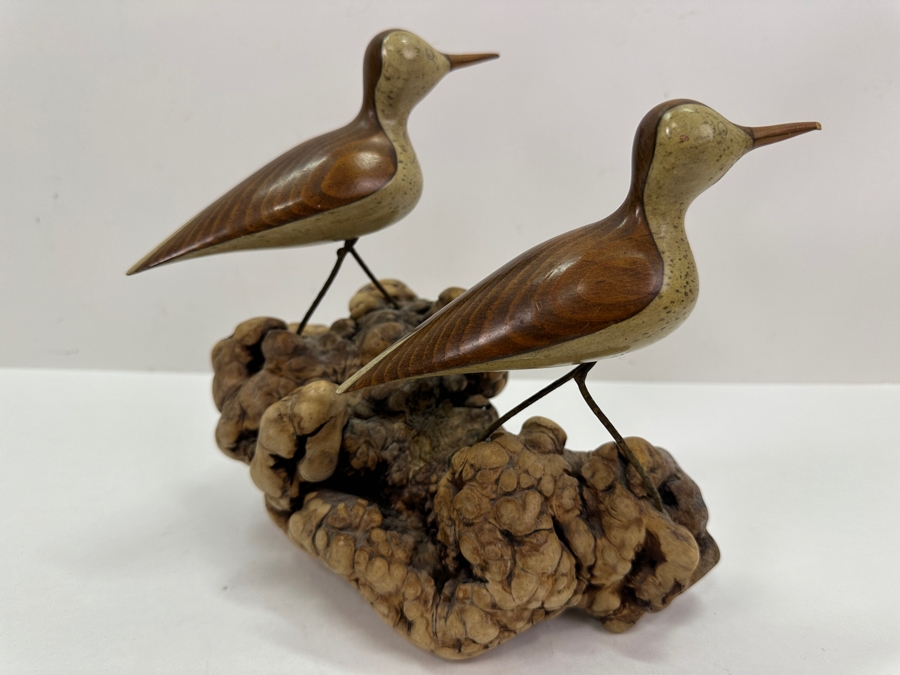 Wooden Pair Of Shore Birds Sculpture With Burlwood Base 9W X 8.5H [Photo 2]
