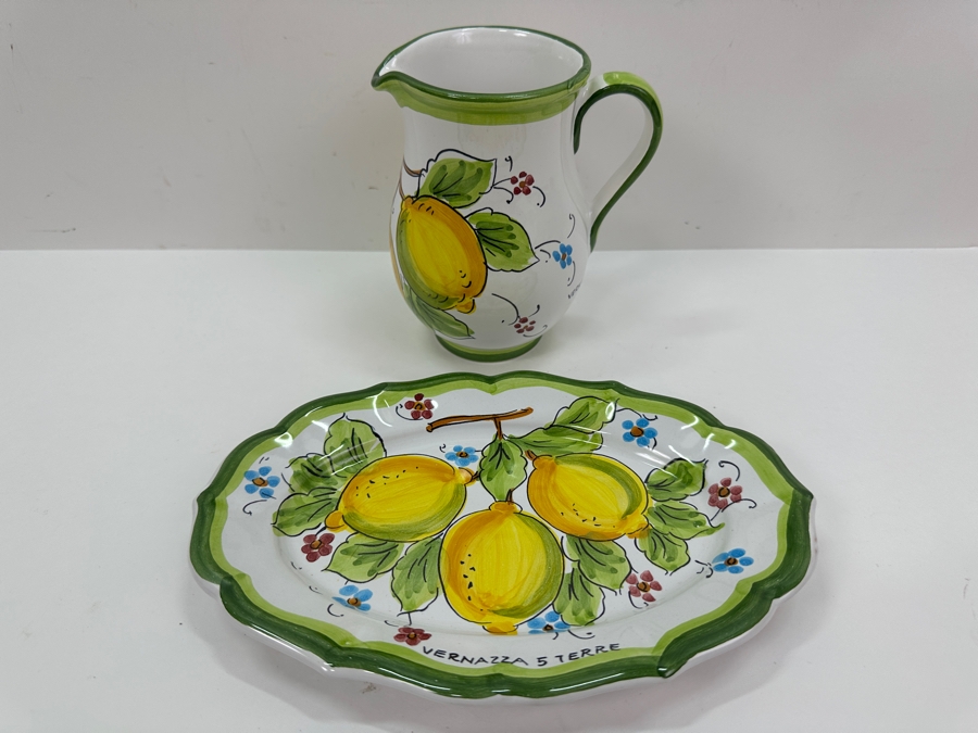 Small Hand Painted Italian 9'W Dish With Matching 5.5'H Pitcher [Photo 3]