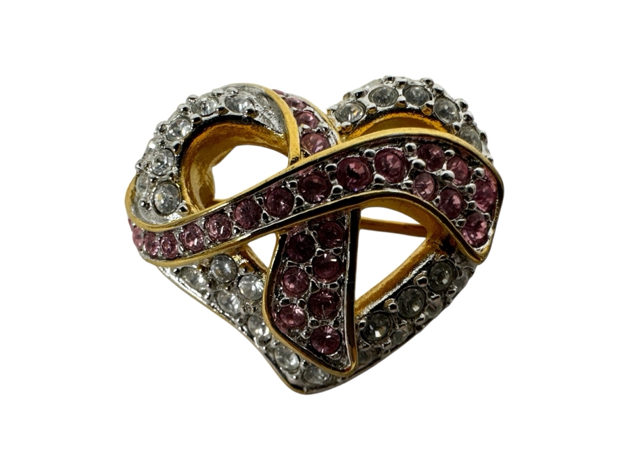 Swarovski Crystal Breast Cancer Watch With Floating Heart Pin Brooch