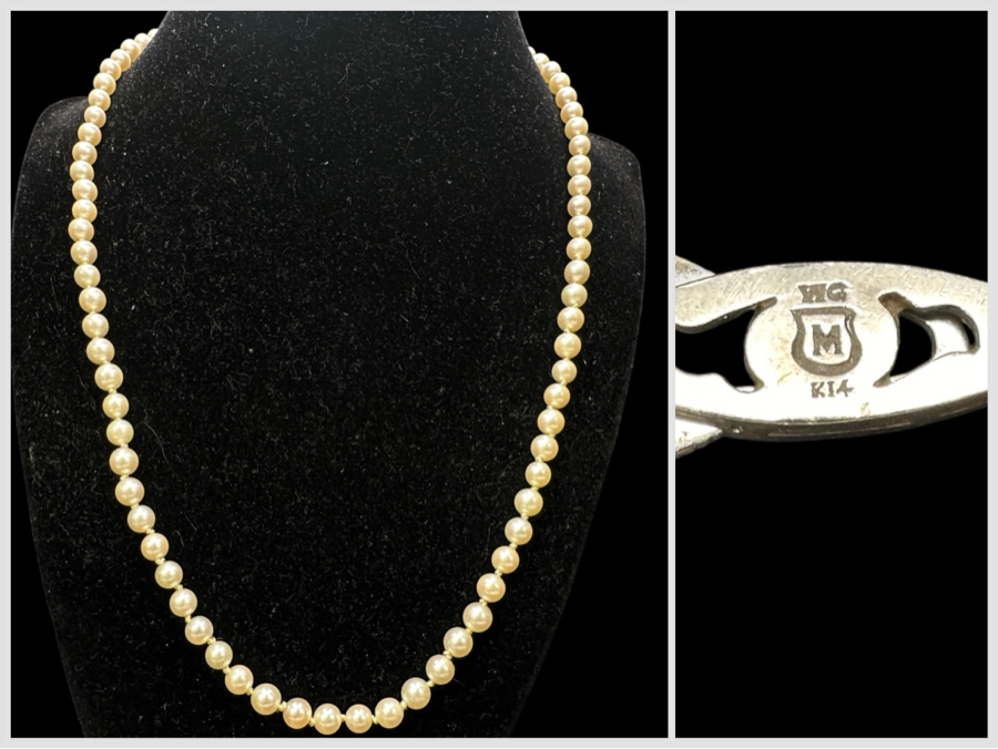 Vintage Mikimoto Pearl 20' Necklace With 14k Gold Clasp
