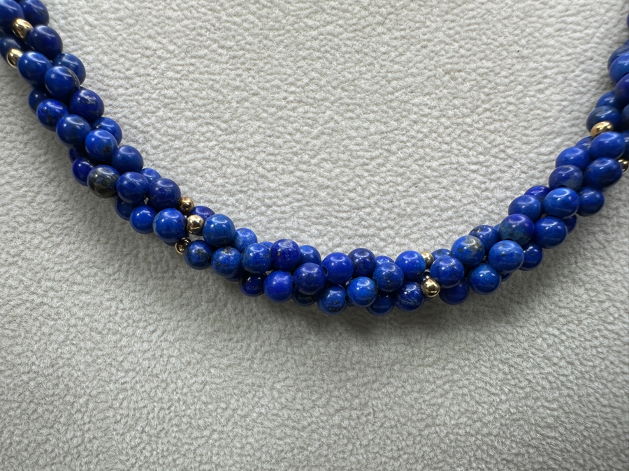 14k Gold Bead & Lapis Lazuli Multi-Strand 18' Necklace With 14k Gold Clasp 34.3g [Photo 2]