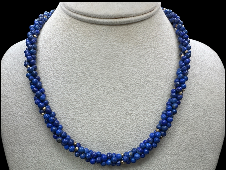14k Gold Bead & Lapis Lazuli Multi-Strand 18' Necklace With 14k Gold Clasp 34.3g